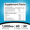 1000mg Omega-3 Fish Oil supplement facts label with 60 softgels, EPA DHA fatty acids, third-party tested