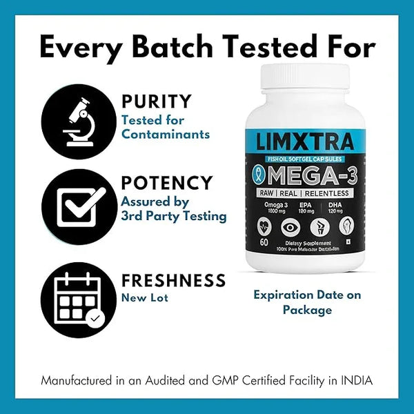Limxtra Mega-3 fish oil softgel capsules, third-party tested for purity, potency, freshness, made in India