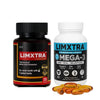 Limxtra male health capsules and Omega-3 fish oil softgels with visible gel capsules, herbal formulation, EPA DHA