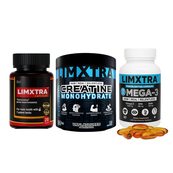 Gym Nutrition 3 In 1 Combo | Omega 3 Fish Oil Softgels EPA DHA, Creatine Monohydrate Powder, Ayurvedic Herbal Capsules | Muscle Growth Strength Energy Vitality Men’s Wellness Supplement