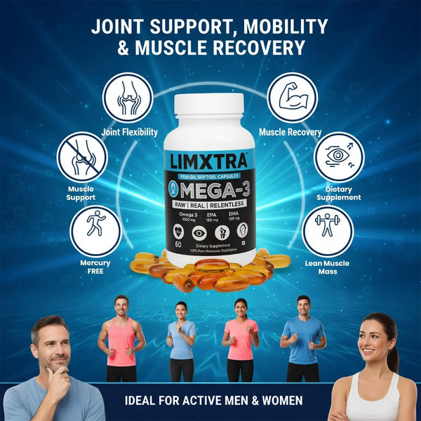 Limxtra Mega-3 Fish Oil Softgels for joint support, muscle recovery & mobility. Mercury-free omega-3 capsules ideal for active men & women.