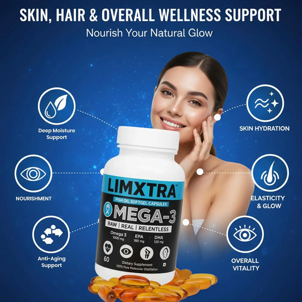 Limxtra Mega-3 Fish Oil Softgel Capsules for skin, hair, and overall wellness support with Omega-3, EPA, DHA