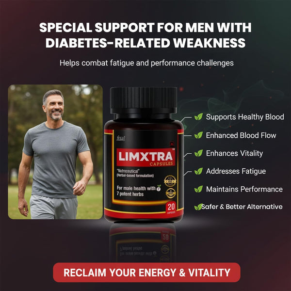LIMXTRA capsules for men with diabetes-related weakness, featuring a man outdoors.