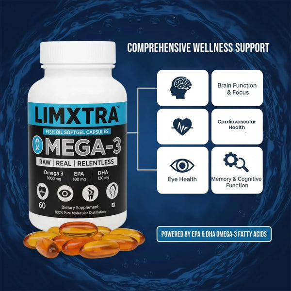 Limxtra Mega-3 fish oil softgel capsules for brain, heart, eye health & cognitive function with EPA DHA omega-3