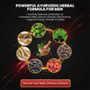 Ayurvedic herbal formula for men with various herbs and a mortar and pestle on a dark background.