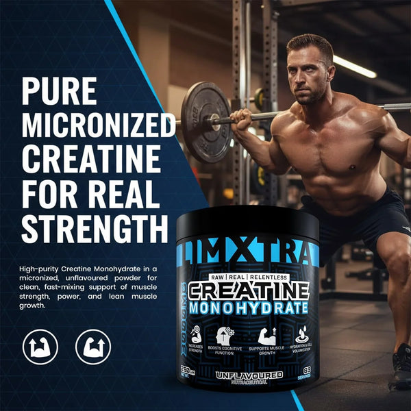 Micronized creatine monohydrate powder for muscle strength and growth, shown with gym athlete lifting weights
