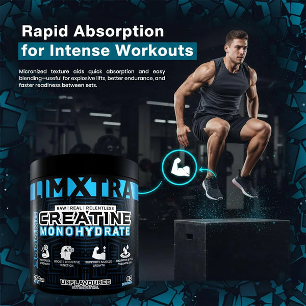 Creatine Monohydrate supplement for intense workouts, muscle growth, and rapid absorption, shown with athlete jumping box