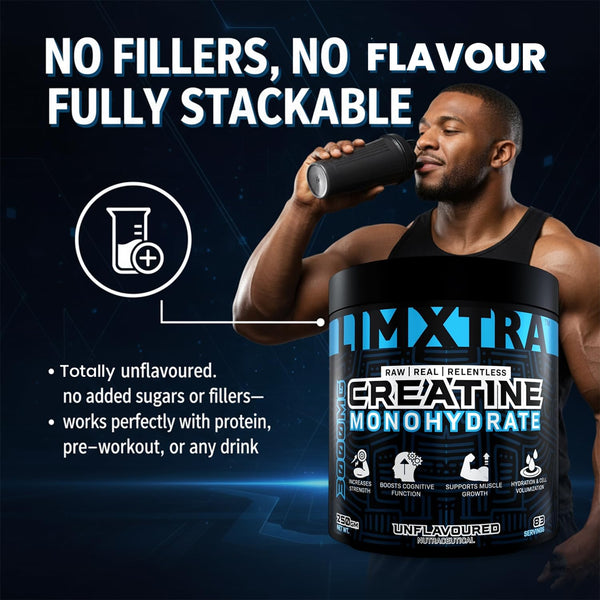 Man holding a supplement container with text about creatine monohydrate on a dark background
