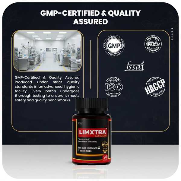 Limxtra supplement bottle with GMP-certified and quality assured label on a black background