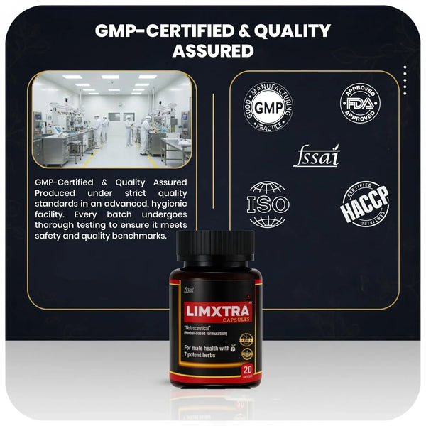 Limxtra male health capsules with 7 potent herbs, GMP-certified, ISO & FSSAI approved, quality assured supplement