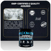 GMP-certified creatine monohydrate supplement with quality assurance badges and lab facility image