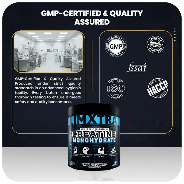 GMP-certified creatine monohydrate supplement with quality assurance badges and lab facility image