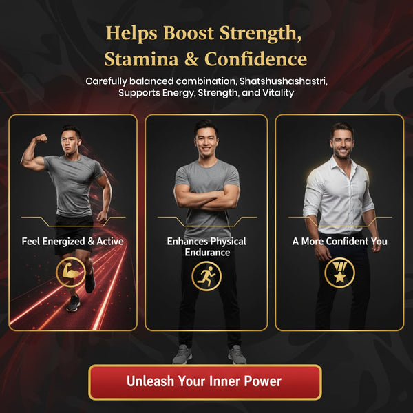 Promotional graphic with three men showcasing benefits of a product, including strength, stamina, and confidence.