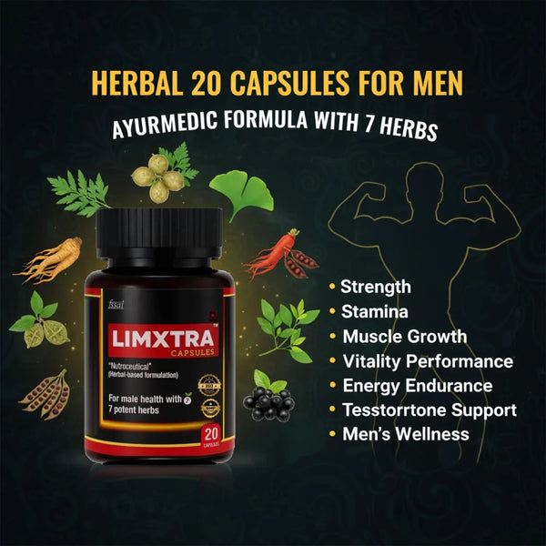Herbal 20 capsules for men with 7 herbs, supporting strength, stamina, muscle growth, and men's wellness.