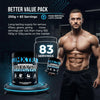 Muscular man holding creatine monohydrate tub, 83 servings, premium sports nutrition supplement