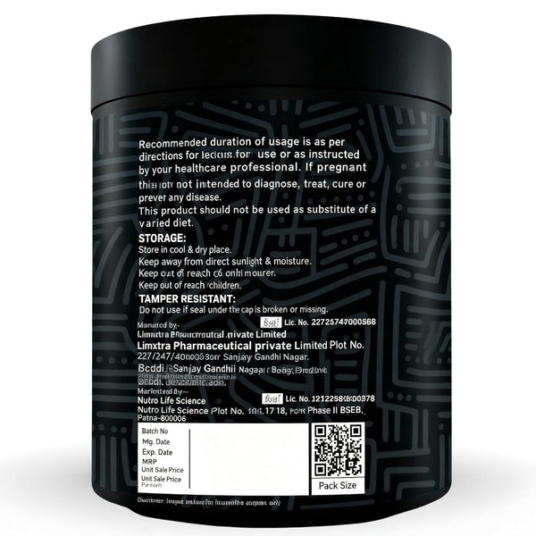 Black supplement container with text and a QR code on a white background