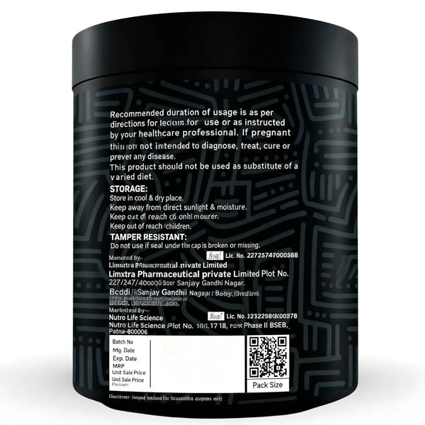 Black supplement container with usage instructions, storage details, and QR code for product info.
