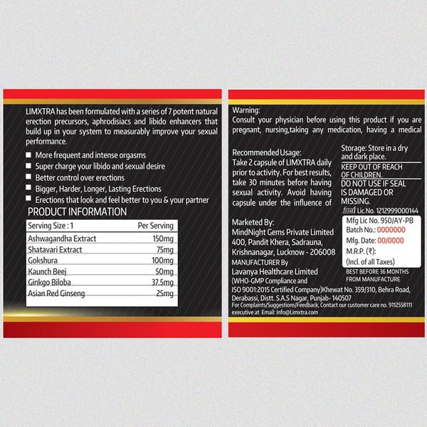 Limxtra male performance supplement label with ingredients, dosage, and warnings for sexual health support