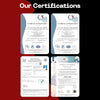 Four certification certificates displayed against a red and black background with 'Our Certifications' text at the top.