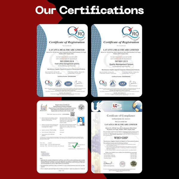 Four certification certificates displayed against a red and black background with 'Our Certifications' text at the top.