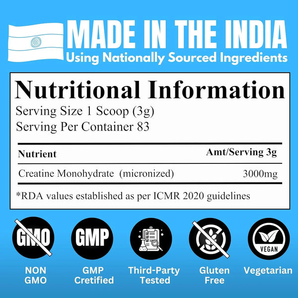 Creatine Monohydrate supplement label, made in India, non-GMO, gluten-free, vegan, third-party tested